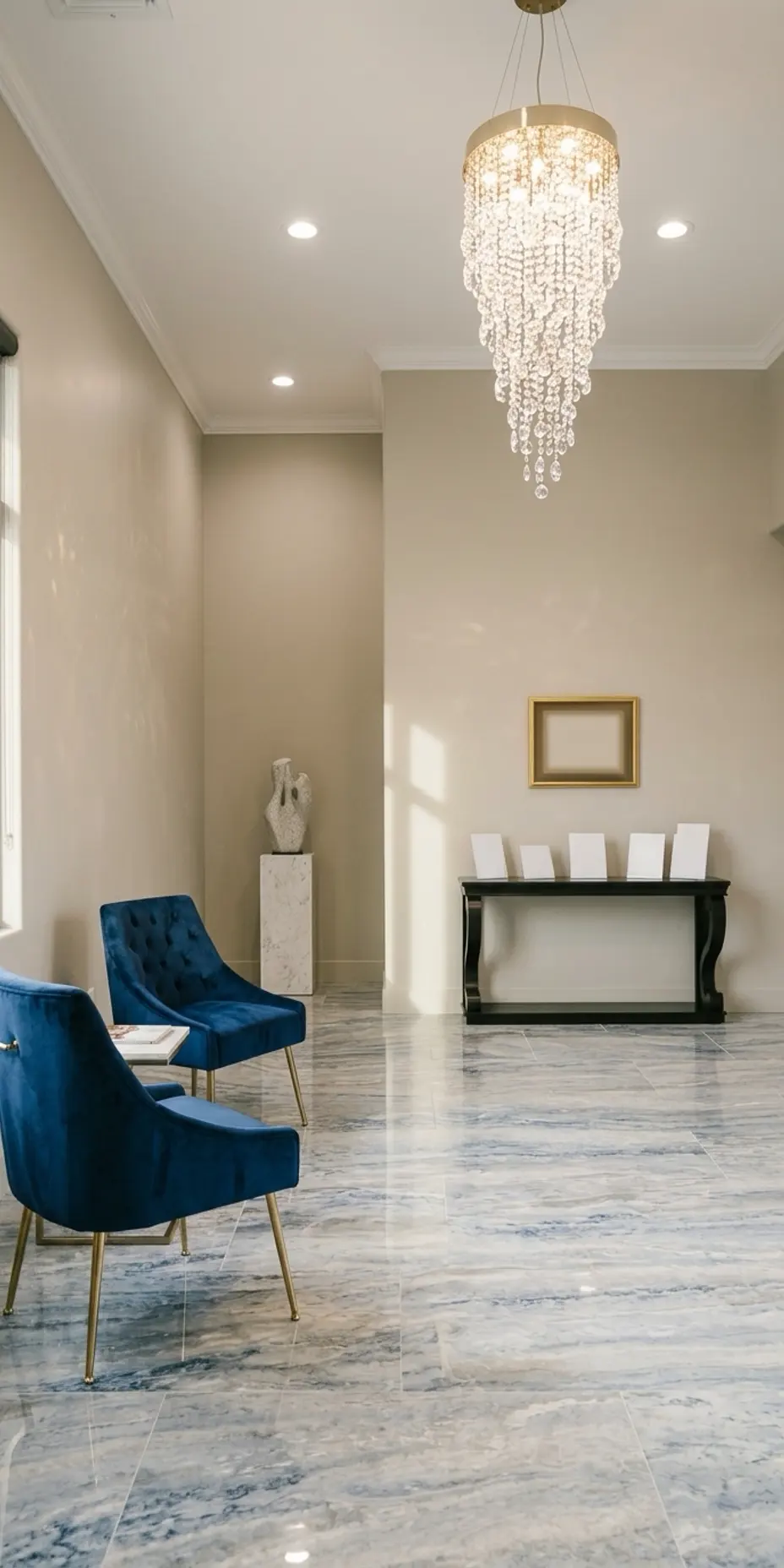 The front room of the Chandler office, navy velvet chairs under a crystal chandelier, studio recreation