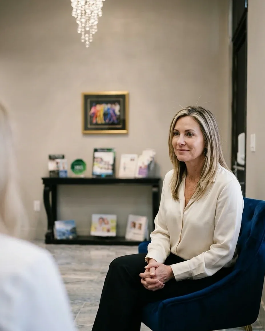 A patient sits in a navy velvet chair during a consult in the Chandler office, studio recreation
